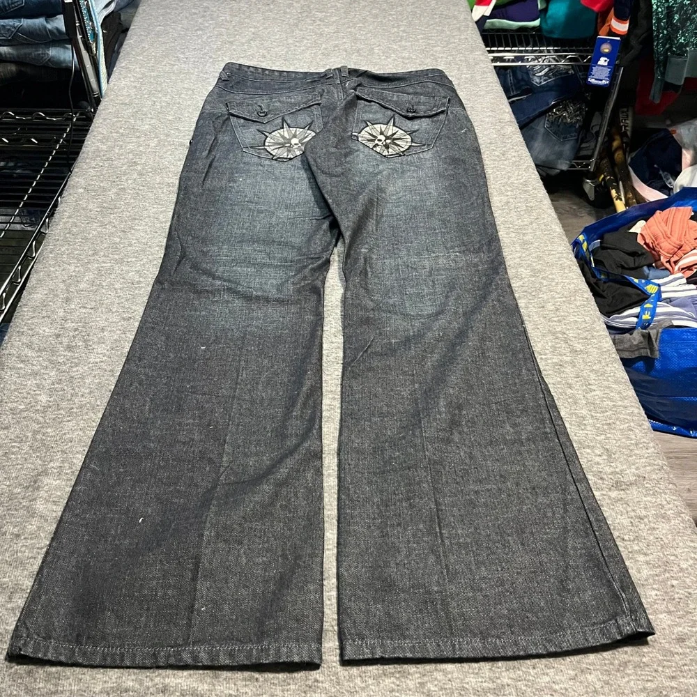 G by Guess Wyatt Wide Bootcut Jeans Mens 33x34 Dark Wash Skull Graphic flare y2k